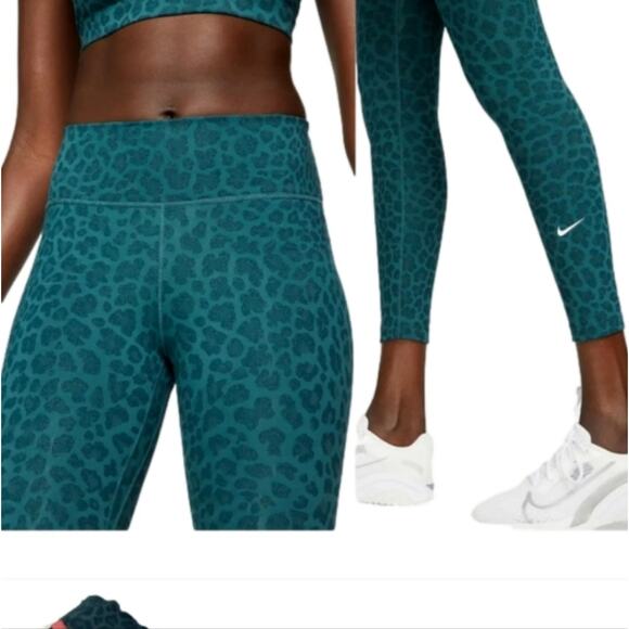 Nike One tight‎ fit mid rise full length teal green glitter leopard leggings 1X - Picture 2 of 9